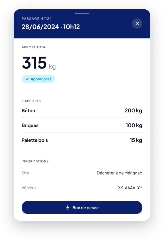 Détail d'un passage avec pesée dans l'interface agent Déchetterie 4.0 sur tablette