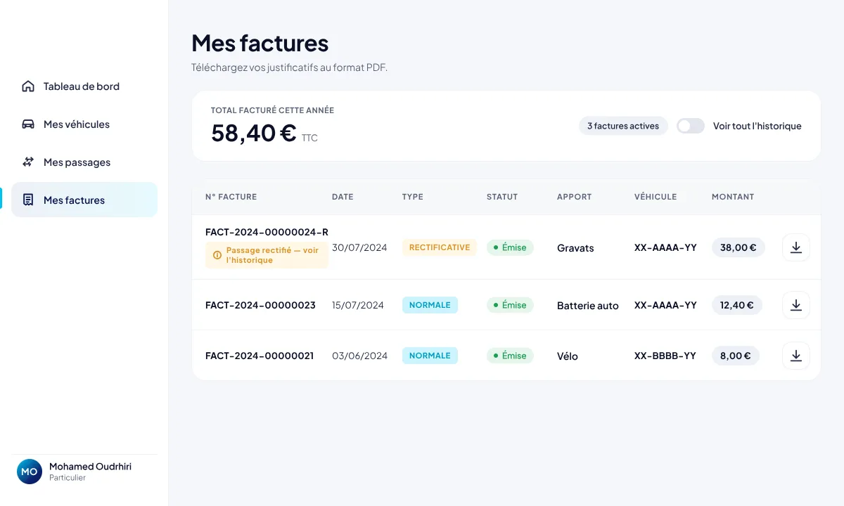 Téléchargement des factures de déchèterie en autonomie depuis le portail usager